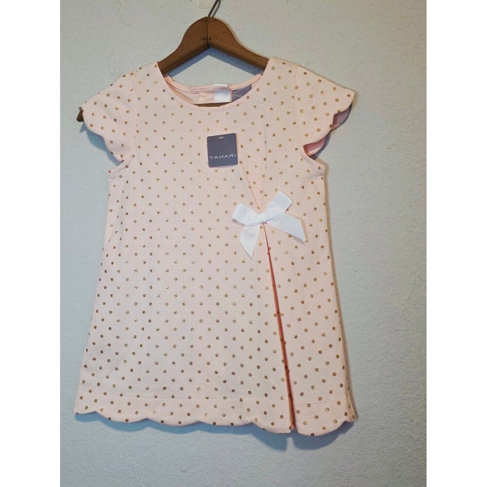 NWT Tahari Girls Pink Polka Dot Dress Bow Scalloped Edges Kidcore Size M (7-8)